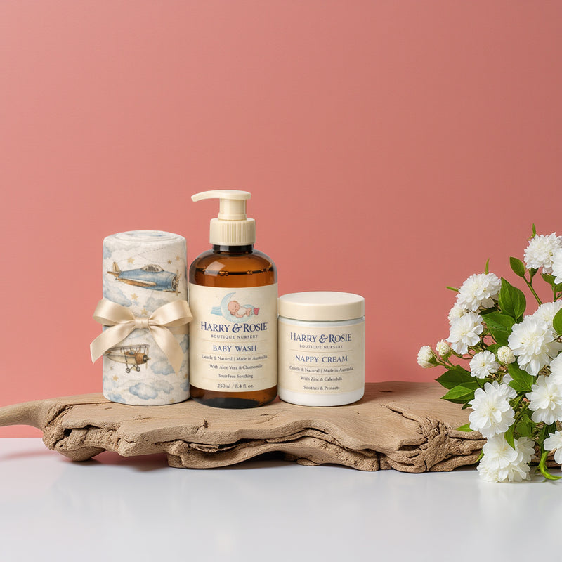Harry & Rosie Australian baby gift set with gentle wash, lotion and muslin wrap