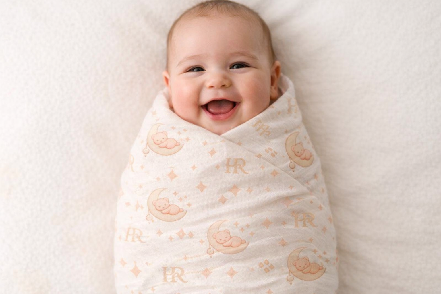Happy baby wrapped in Harry & Rosie organic cotton muslin wrap